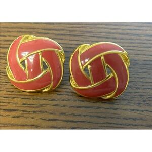 Vintage Napier Signed Dark Pink Gold Enamel Knot Pierced Earrings
